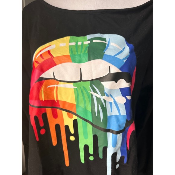 MAGICMK Colorful Dripping Biting Lips Black Off Shoulder Sweater XL - Picture 2 of 8